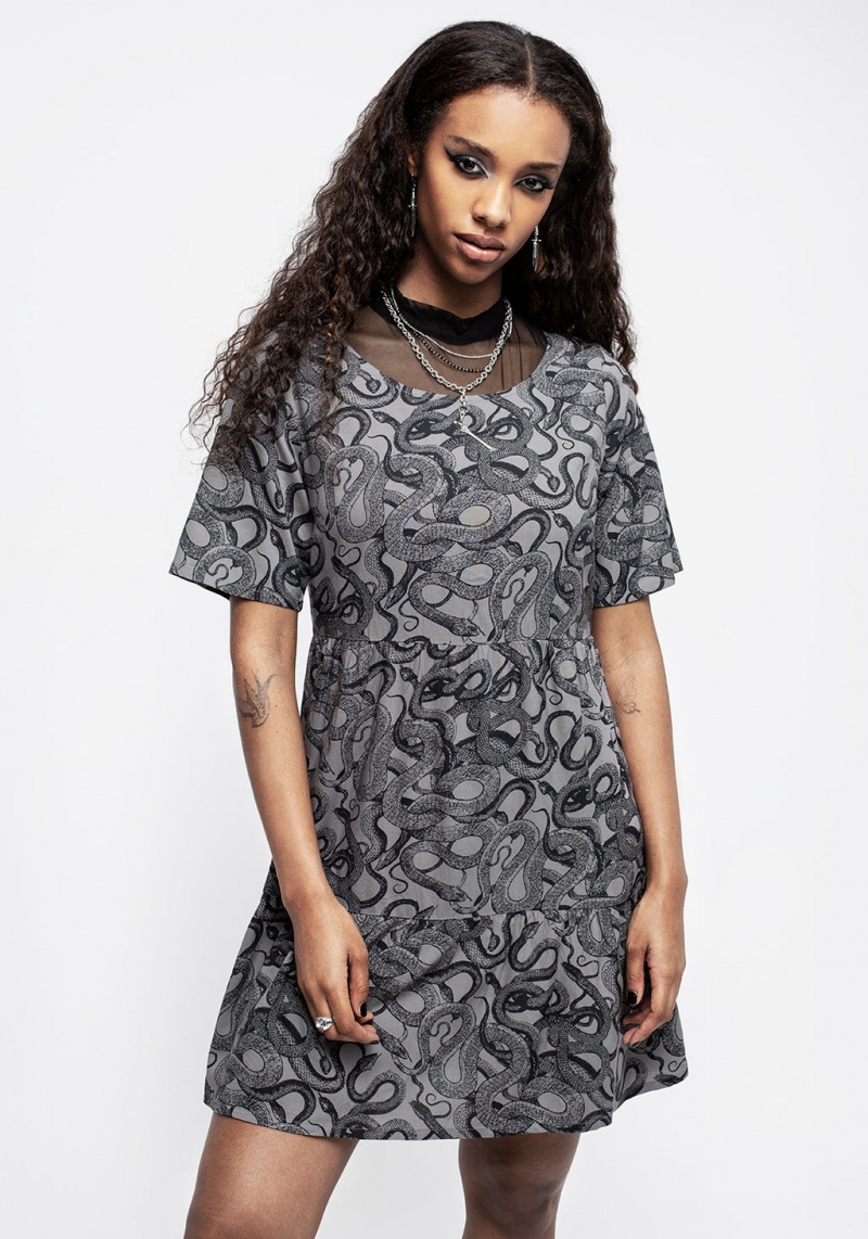 Disturbia Ophidia Snakes Print Mini Smock Robe - Grey | XYA-47063013