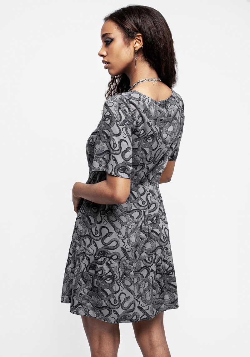 Disturbia Ophidia Snakes Print Mini Smock Robe - Grey | XYA-47063013