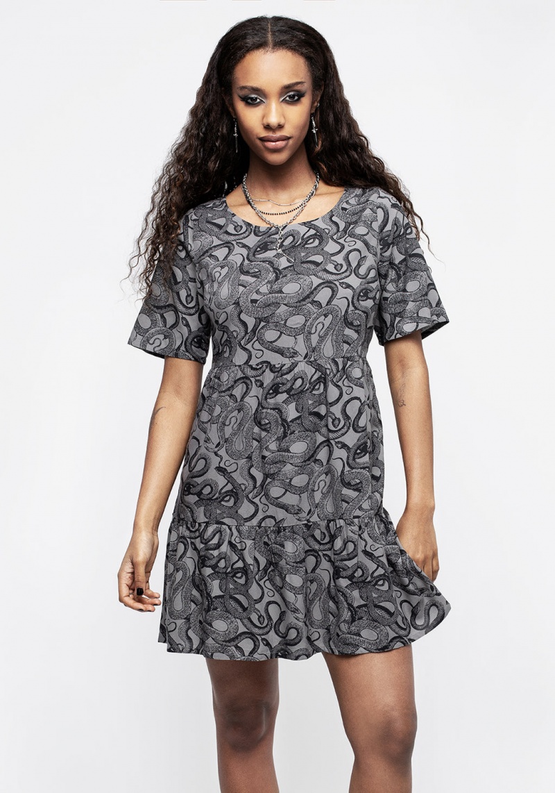 Disturbia Ophidia Snakes Print Mini Smock Robe - Grey | XYA-47063013