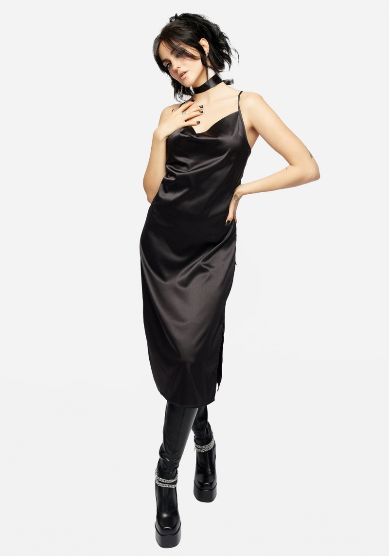 Disturbia Medeina Cowl Neck Satin Midi Slip Robe - Midnight Black | AVQ-91967466