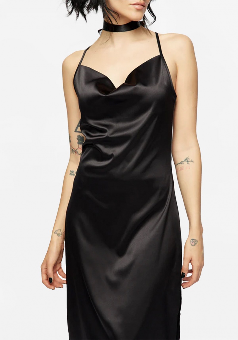 Disturbia Medeina Cowl Neck Satin Midi Slip Robe - Midnight Black | AVQ-91967466