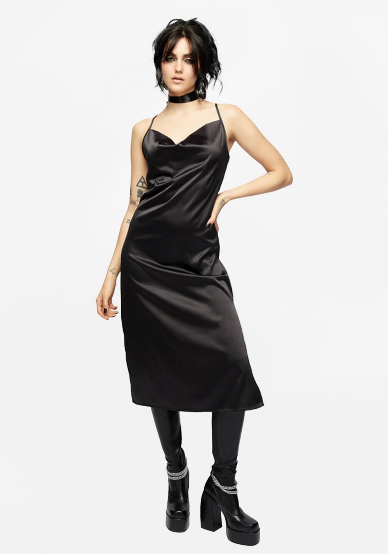 Disturbia Medeina Cowl Neck Satin Midi Slip Robe - Midnight Black | AVQ-91967466