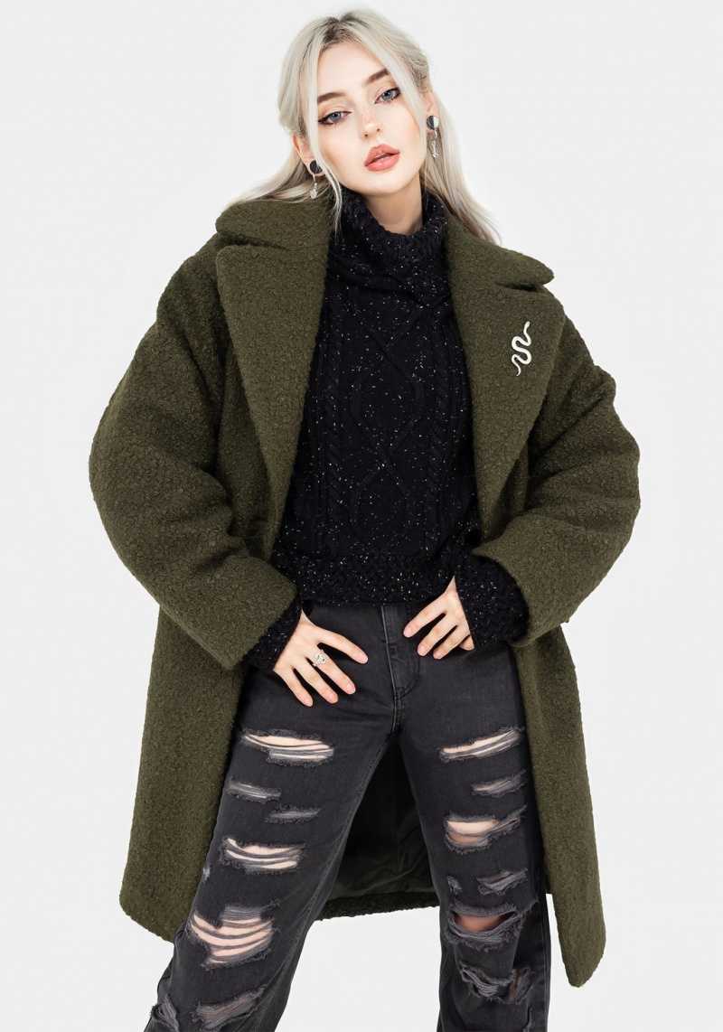 Disturbia Gorgon Bouclé Oversized Coat with Snake Brooch - Green | WRR-53477594