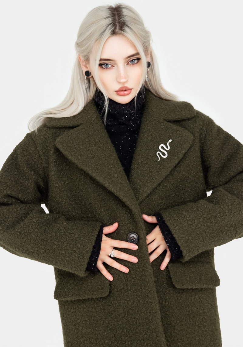 Disturbia Gorgon Bouclé Oversized Coat with Snake Brooch - Green | WRR-53477594