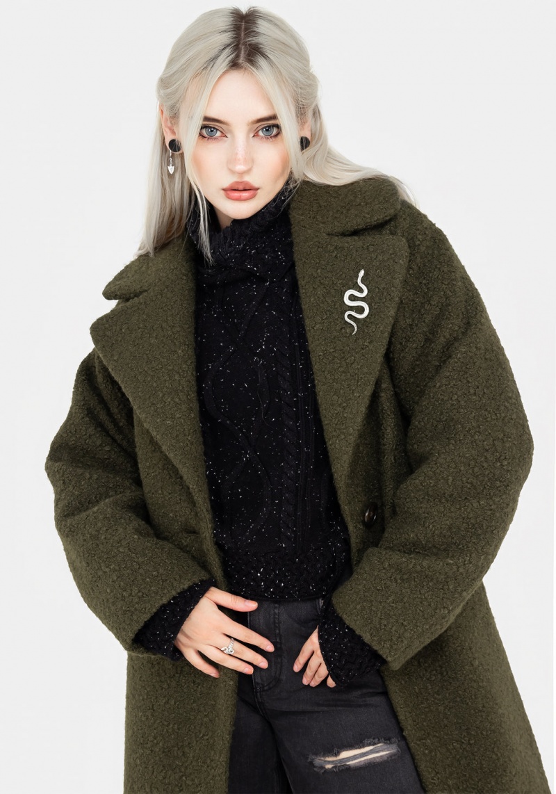 Disturbia Gorgon Bouclé Oversized Coat with Snake Brooch - Green | WRR-53477594