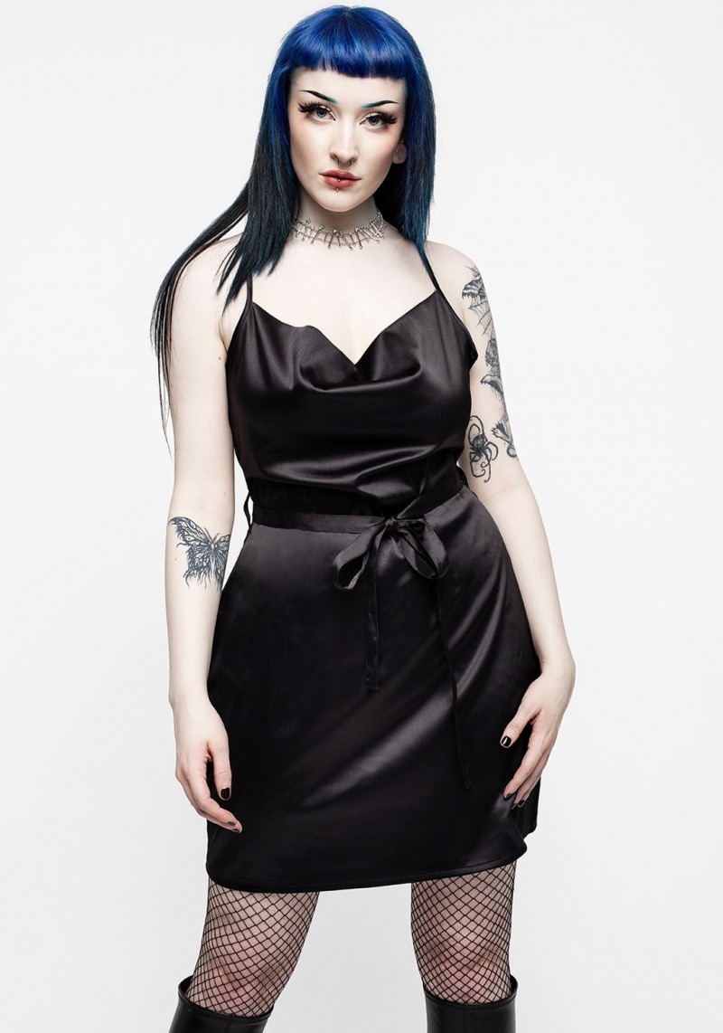 Disturbia Medeina Cowl Neck Belted Satin Mini Robe - Midnight Black | XKF-49934447