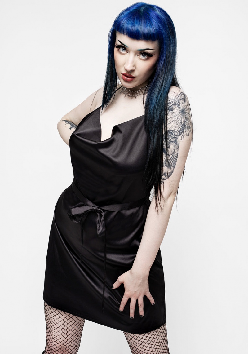 Disturbia Medeina Cowl Neck Belted Satin Mini Robe - Midnight Black | XKF-49934447