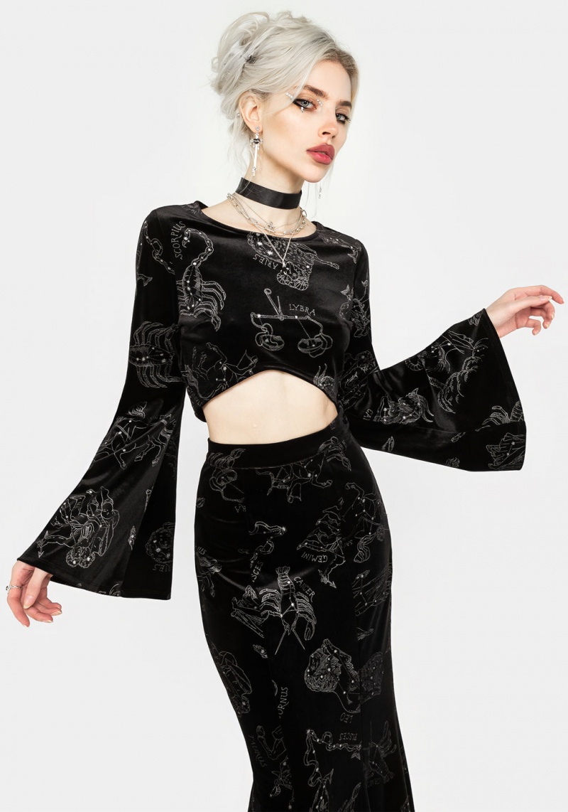 Disturbia Zodiac Foil Print Flute Sleeve Crop Top | LPG-15864897