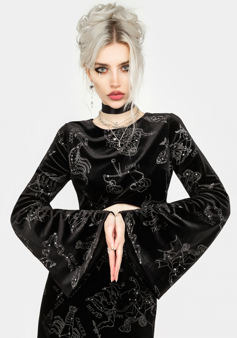 Disturbia Zodiac Foil Print Flute Sleeve Crop Top | LPG-15864897