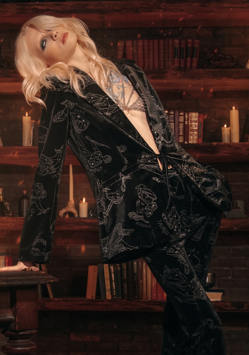 Disturbia Zodiac Foil Print Velour Blazer | MCL-96610584