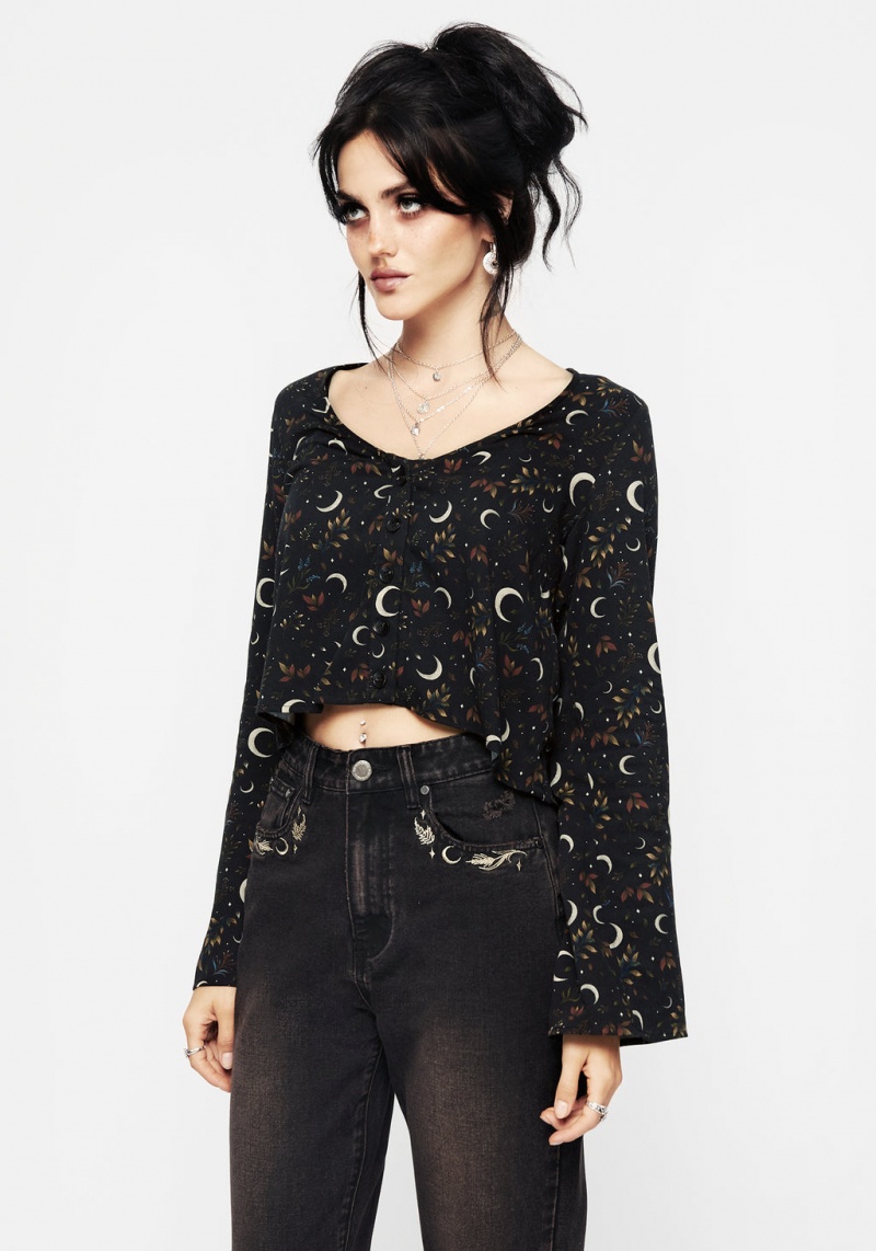 Disturbia Sickle Moon Flute Sleeve Button Up Top | PJJ-19928811