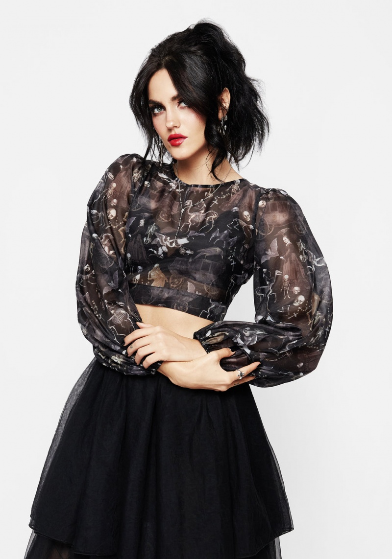 Disturbia Melancholia Puff Sleeve Tie Back Organza Crop Top | OTN-64820268