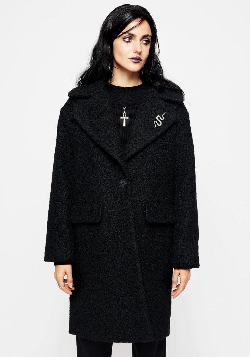 Disturbia Gorgon Bouclé Oversized Coat with Snake Brooch - Black | USA-08823439