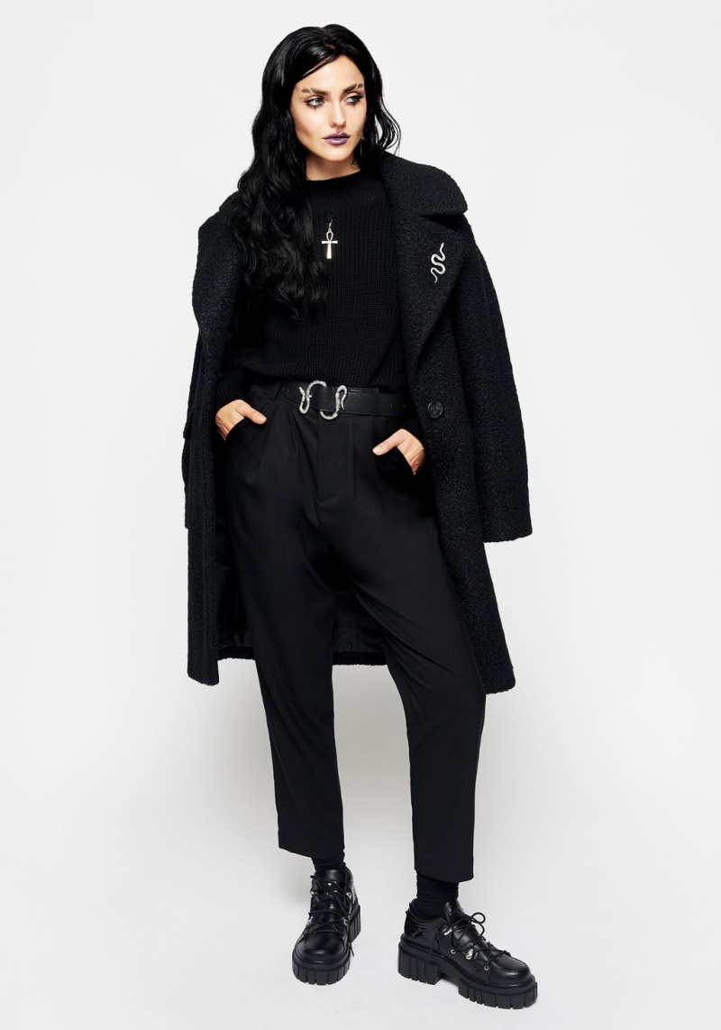 Disturbia Gorgon Bouclé Oversized Coat with Snake Brooch - Black | USA-08823439